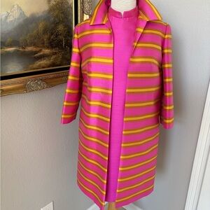 VTG 1960s Pink Yellow Stripes Mod Sz S Evening Coat & Dress Dupioni Silk Fabric